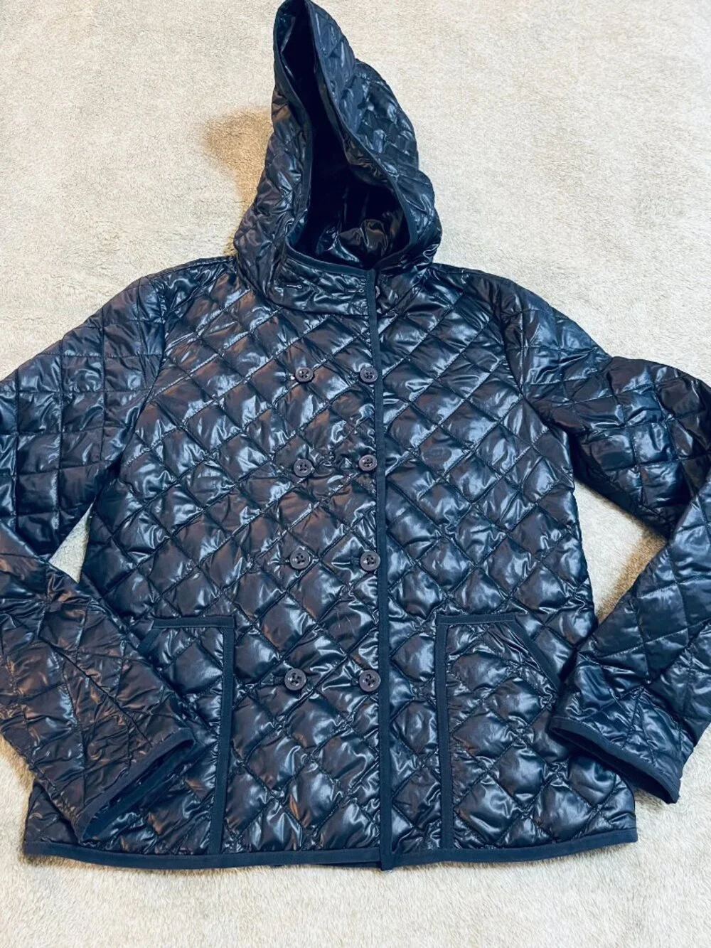 J.Crew Womens Navy Quilted Down Puffer Jacket Hooded Double Breasted XS 34250